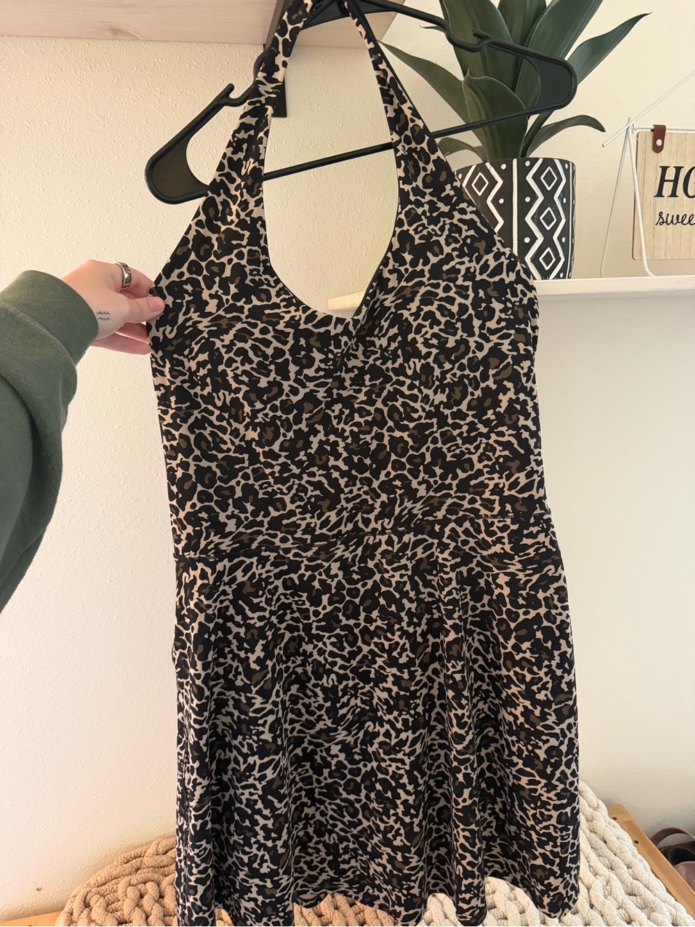 Fabletics Leopard Halter Skater Dress in Black and Tan